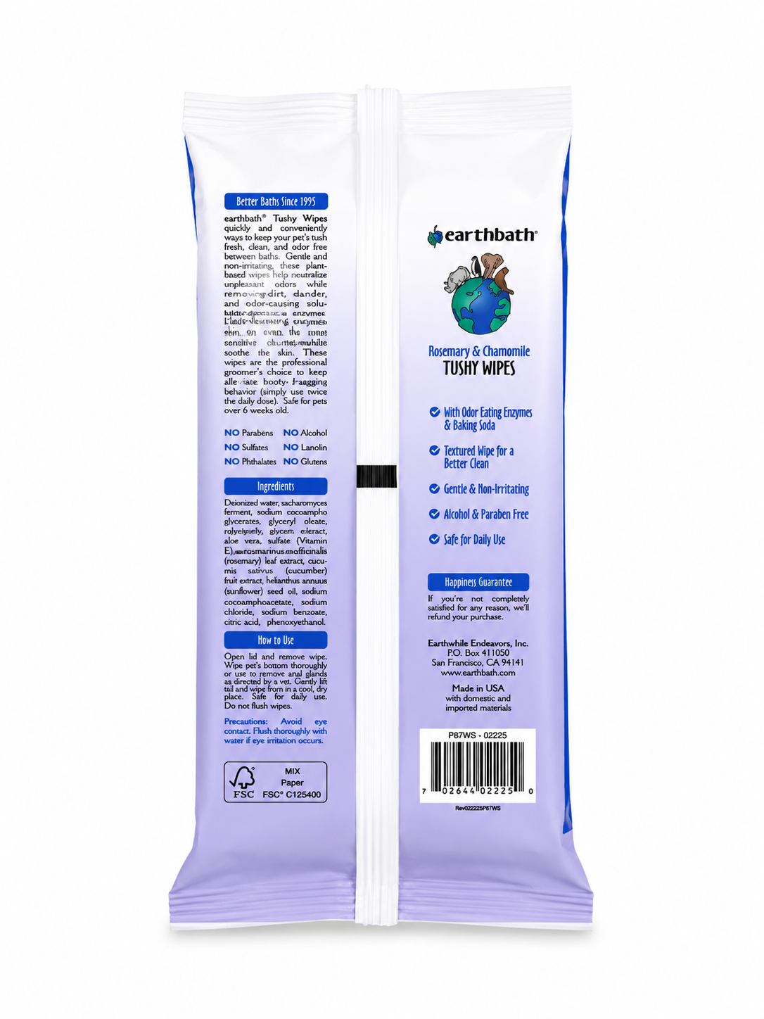 Earthbath Tushy Wipes for Dogs & Cats- Rosemary & Chamomile (100 Count)